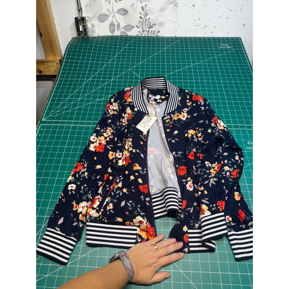 Grace & Lace Floral Bomber Jacket Navy Blue Striped Trim Full Zip Womens Large